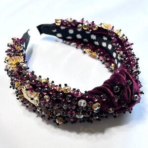 Statement Velvet Burgundy Beaded Headband w/ Gold Cameo Embellishments